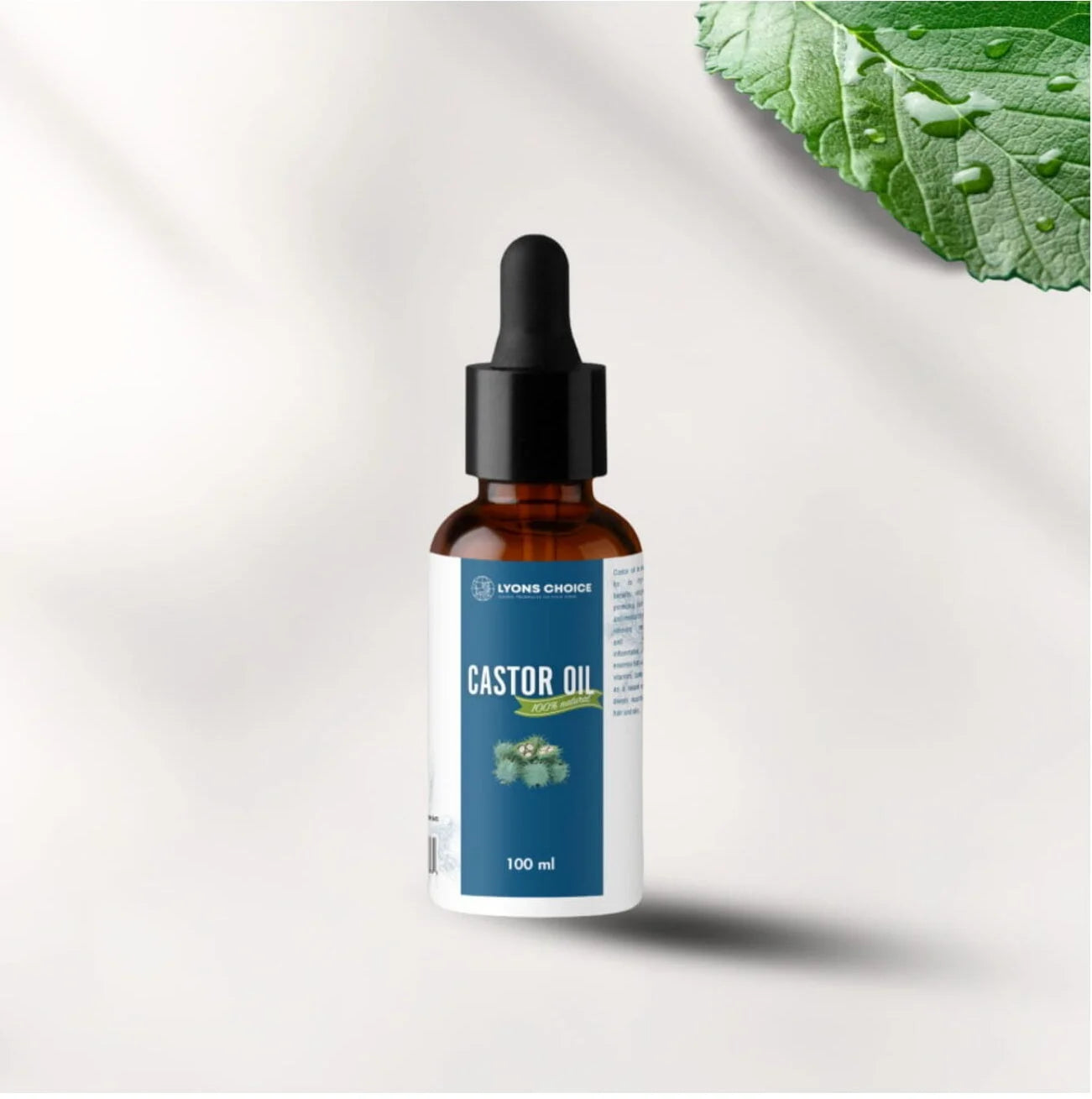This is an image of caster oil - product of lyons choice woocommerce store at page Wholesale - Woocommerce. in the image the product is of bottle with nipple drop cap featuring a label of blue and white color with product details printed on it.