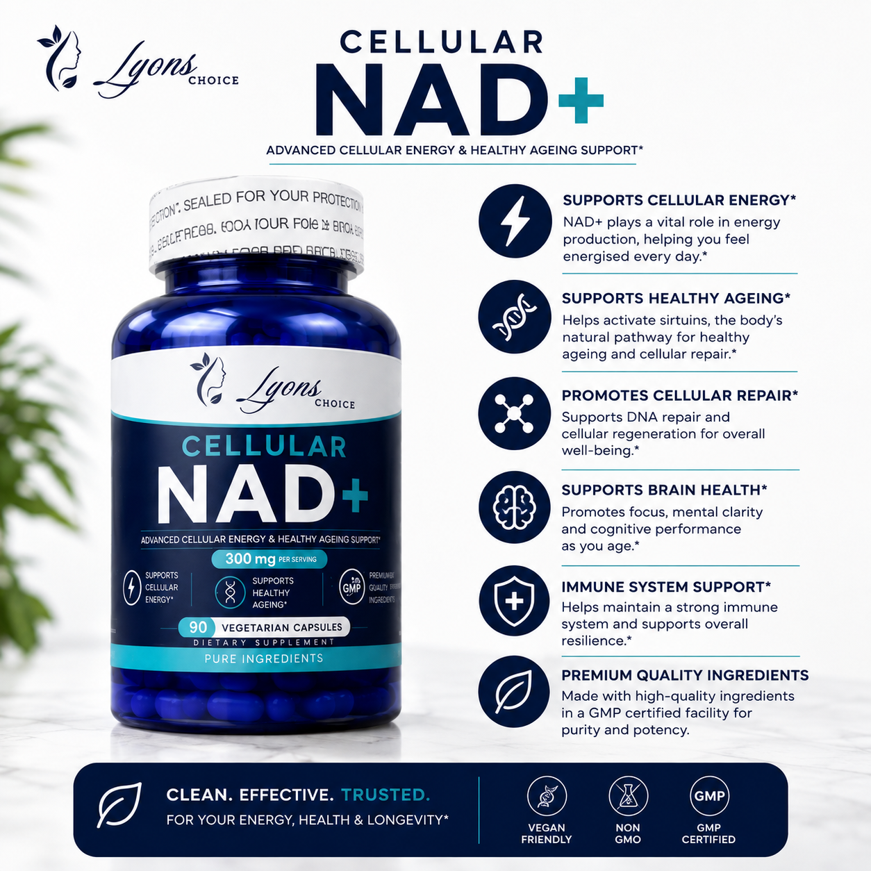 Lyons Choice Cellular NAD+ – 300mg | 90 Vegetarian Capsules