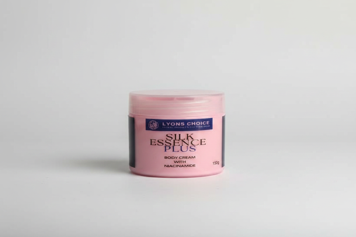 Pink jar of Lyons Choice Silk Essence Plus body cream on a white background