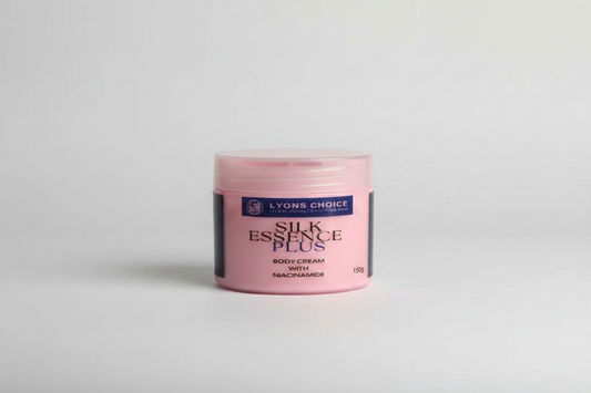 Pink jar of Lyons Choice Silk Essence Plus body cream on a white background
