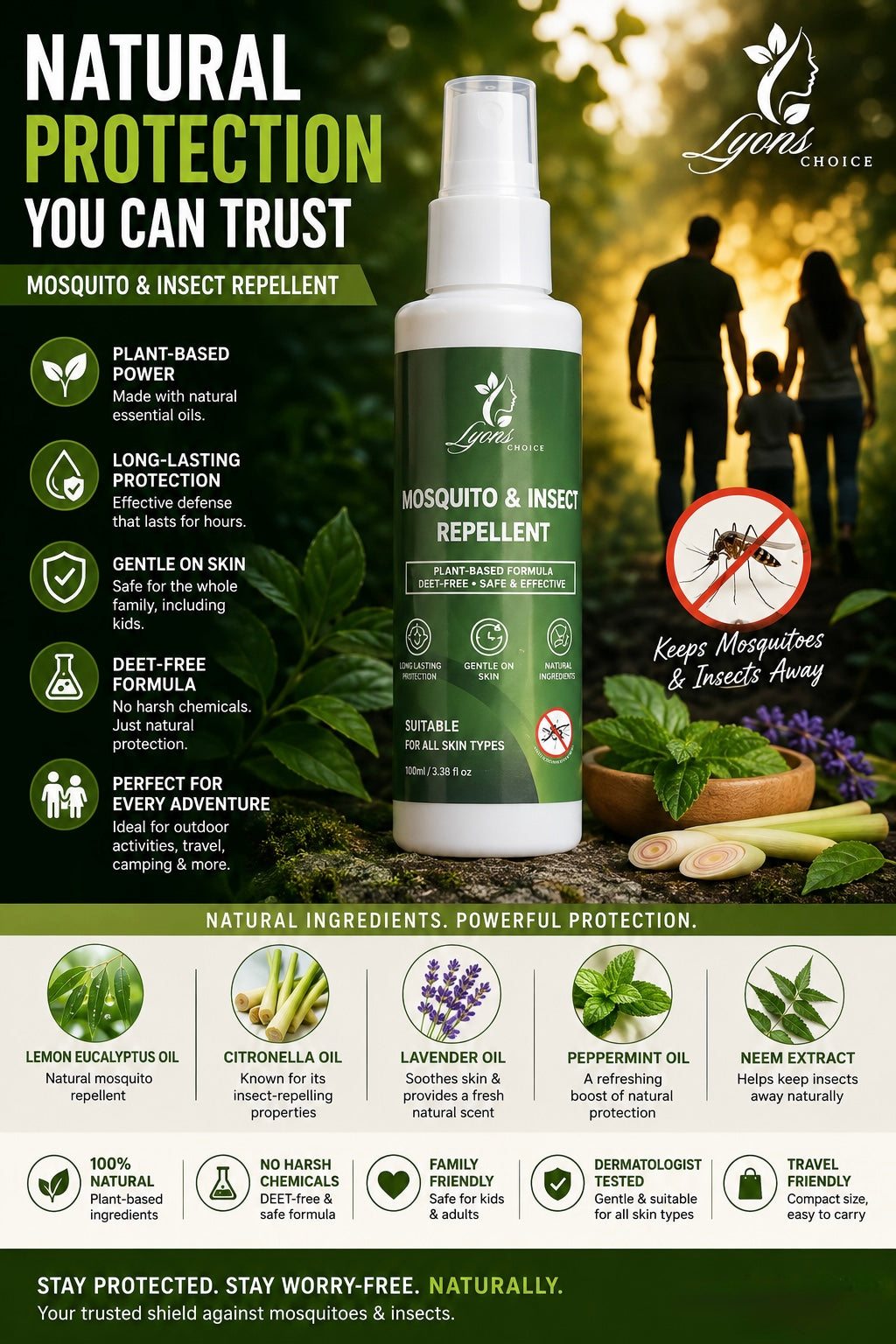 Lyons Choice All Natural Plant Based DEET-Free Mosquito Repellent Spray (100ml)