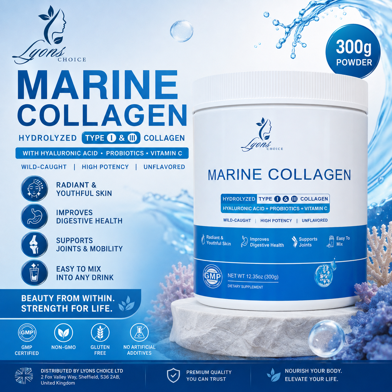 Lyons Choice Marine Collagen Powder – 300g | Hydrolyzed Type I & III Collagen with Hyaluronic Acid, Probiotics & Vitamin C