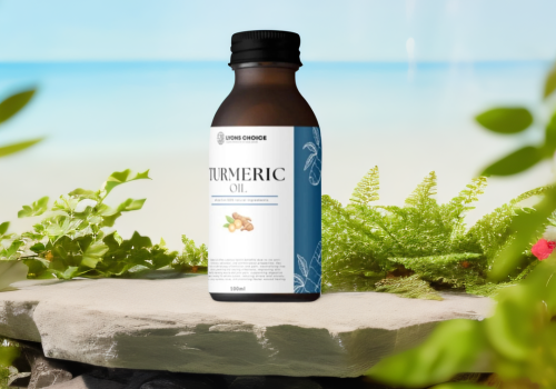 A turmeric Oil product image with product in the center of attention with nature backround placed on a stone on the category display carousel on the home page of lyons choice woocommerce store.