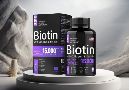 A biotin product on the center of attention in a category section. The product is black in color with purple texture on it and name written Bioton tablets on it.